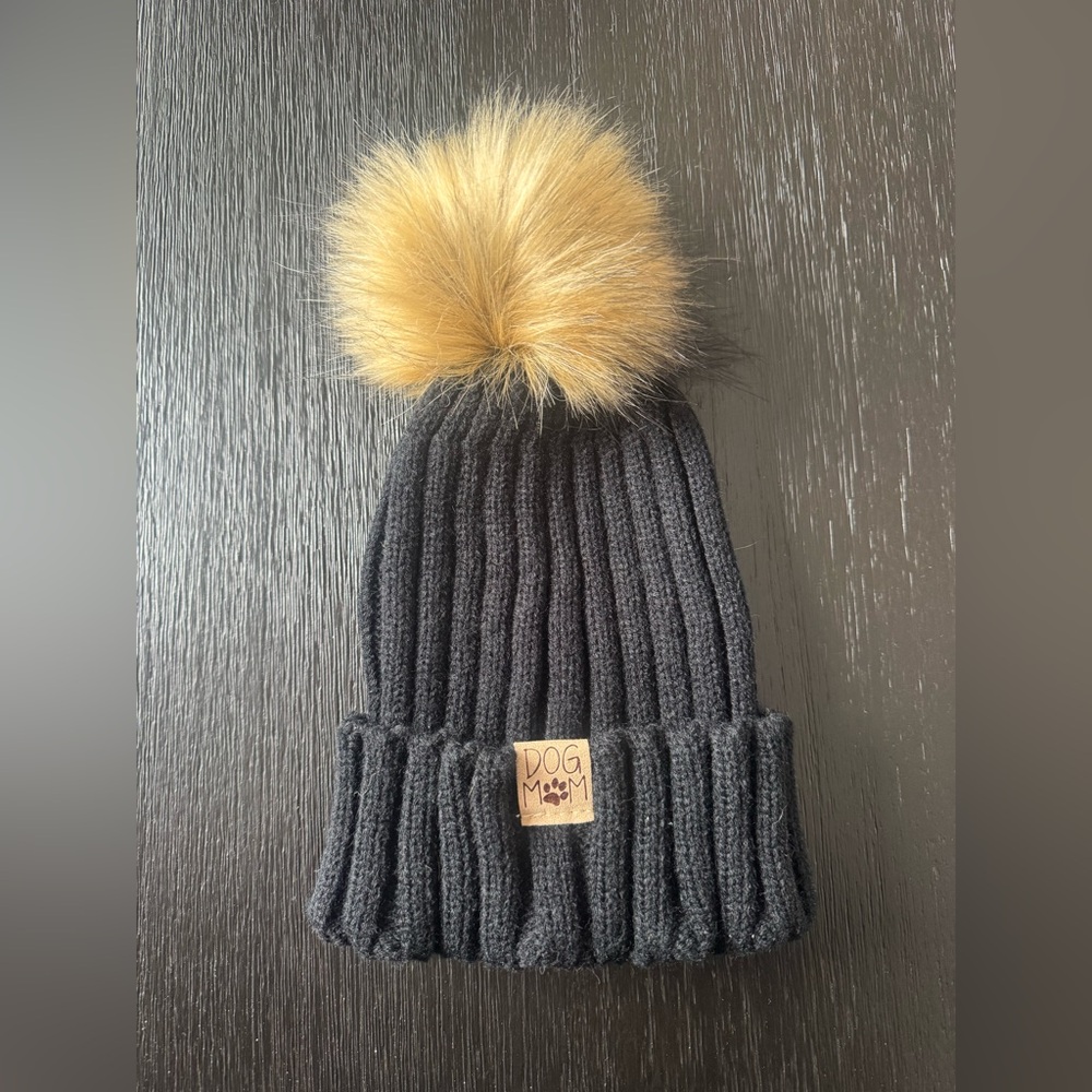 Dog Mom Knit Beanie with Faux Fur Pom-Pom (NEW without Tags)